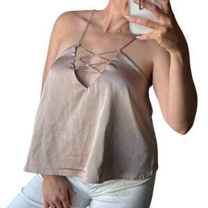 Windsor S Nude Beige Silky Satin Rhinestone Strap Babydoll Crop Top